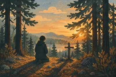 Silhouette Praying Among Pines at Sunset