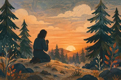 Silhouette Praying Among Pines at Sunset