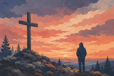Praying Silhouette by Cross at Sunset
