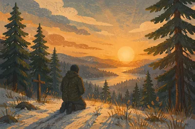 Silhouetted Prayer Among Evergreens at Sunset