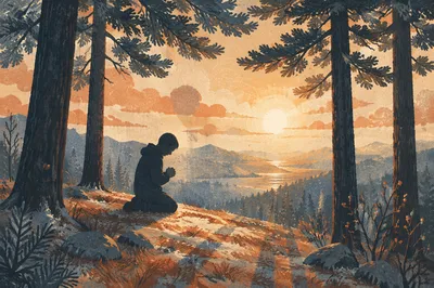 Silhouetted Prayer Beneath Evergreen Sunset