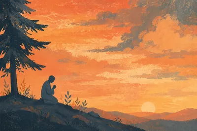 Silhouette Prayer Beneath Evergreen Sunset Sky