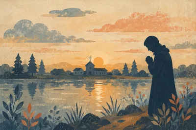 Silhouette Praying Beside Sunset Lakeshore Chapel