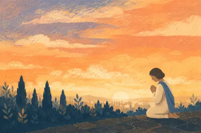 Silhouette Praying Beside Evergreens at Sunset