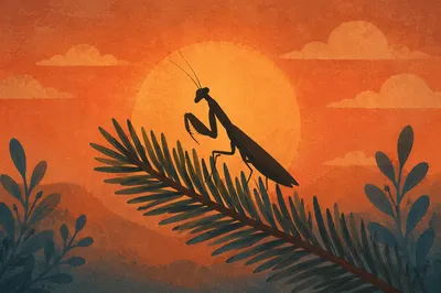 Praying Mantis Silhouette on Evergreen at Sunset
