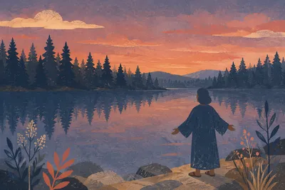 Silhouette Praying by Evergreen Lake Sunset