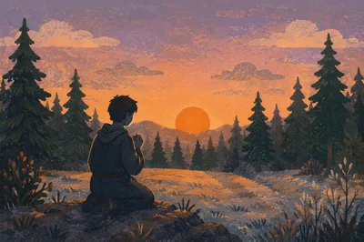 Silhouette Praying by Evergreen Sunset