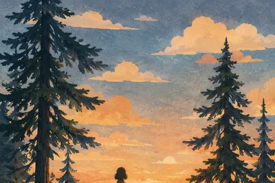 Silhouetted Prayer Among Evergreens at Sunset