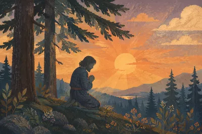 Praying Silhouette Beneath Sunset Evergreens