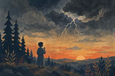 Praying Silhouette Beneath Stormy Sunset Sky