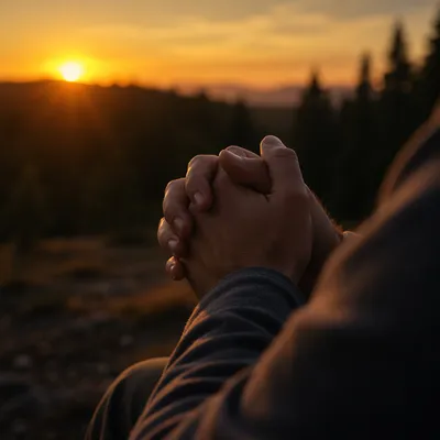 Praying Hands Silhouette at Evergreen Sunset