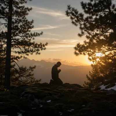 Silhouette Praying Beneath Evergreen Sunset