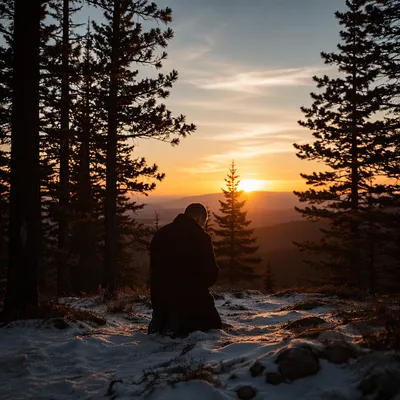 Silhouette Praying at Evergreen Sunset