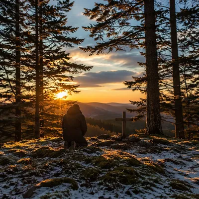 Silhouetted Prayer on Evergreen Hilltop at Sunset