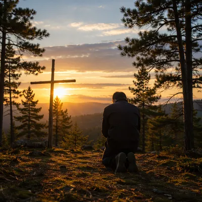 Silhouette Praying Among Evergreens at Sunset