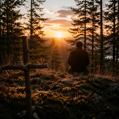 Silhouetted Prayer Among Evergreens at Sunset