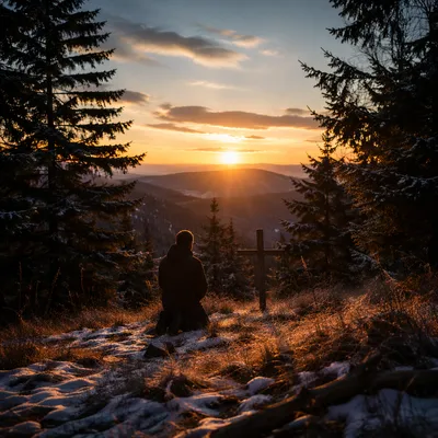 Silhouette Praying by Evergreen Sunset Cross
