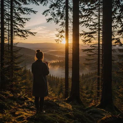 Silhouetted Prayer Among Evergreens at Sunset