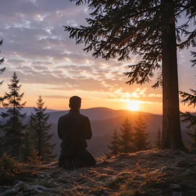 Silhouetted Prayer by Evergreen Sunset