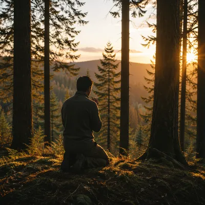 Silhouetted Prayer Among Sunset Evergreens