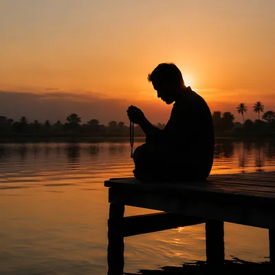 Praying Silhouette on Dock at Sunset