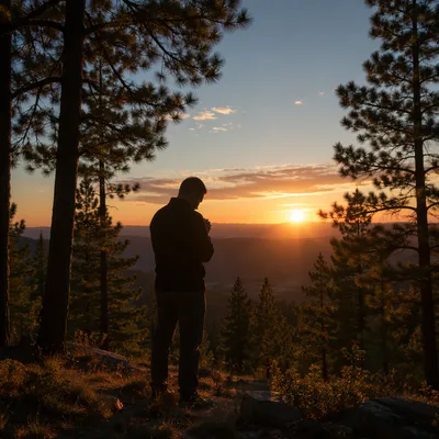 Silhouette Praying Among Pines at Sunset