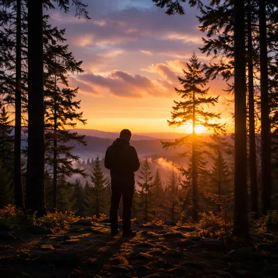 Praying Silhouette Among Evergreens at Sunset
