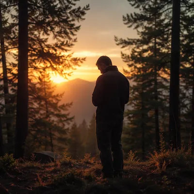 Silhouette Praying in Evergreen Forest Sunset