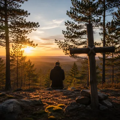 Silhouette Praying at Sunset Among Evergreens