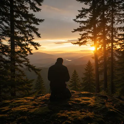 Silhouette Praying at Evergreen Sunset
