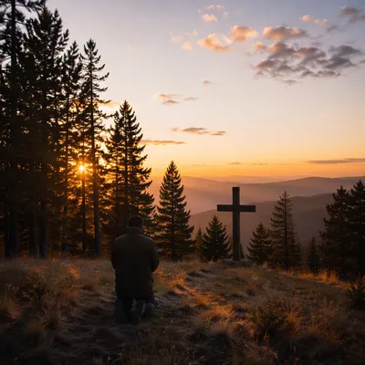 Silhouetted Prayer at Evergreen Sunset