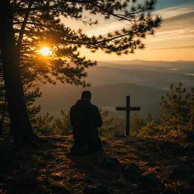 Silhouetted Prayer on Evergreen Sunset Ridge