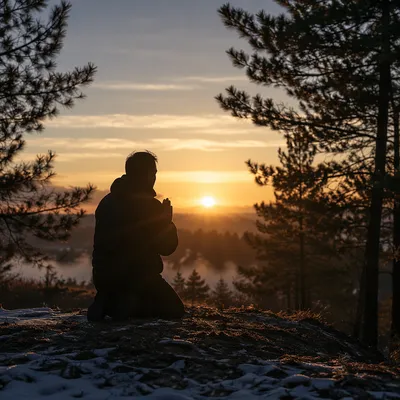 Silhouetted Prayer on Evergreen Hilltop at Sunset