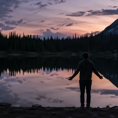 Silhouette Prayer at Evergreen Sunset Lake