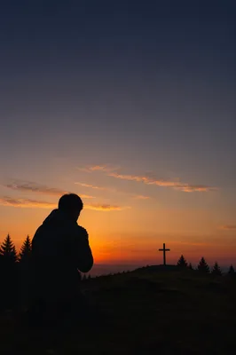 Silhouetted Prayer on Evergreen Hilltop at Sunset