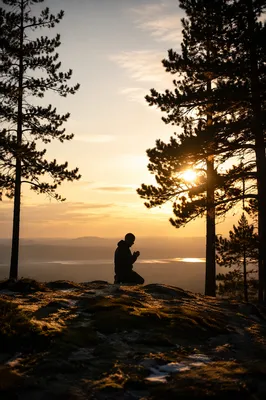 Praying Silhouette Beneath Evergreen Sunset