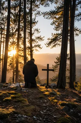 Silhouetted Prayer on Evergreen Hilltop at Sunset