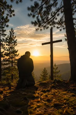 Silhouette Praying Among Pines at Sunset