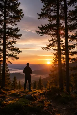 Silhouette Praying Among Pines at Sunset