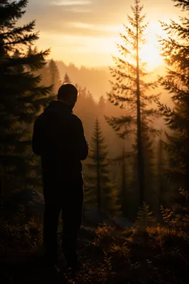 Silhouette Praying in Evergreen Sunset Forest