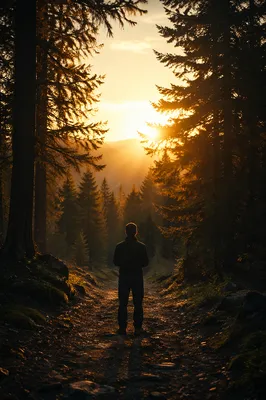 Silhouette Praying on Evergreen Forest Path