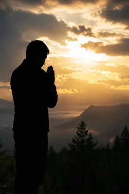 Silhouette Prayer at Golden Evergreen Sunset