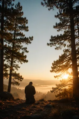 Silhouetted Prayer on Evergreen Hilltop