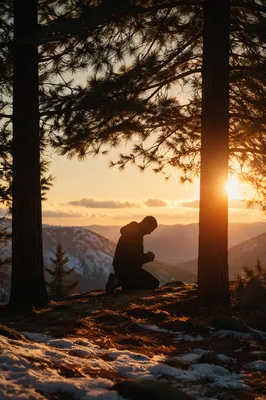 Praying Silhouette Beneath Evergreen Sunset