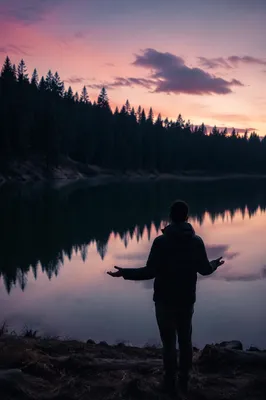 Silhouette Prayer by Evergreen Lake at Sunset