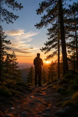 Silhouetted Prayer on Sunset Forest Ridge