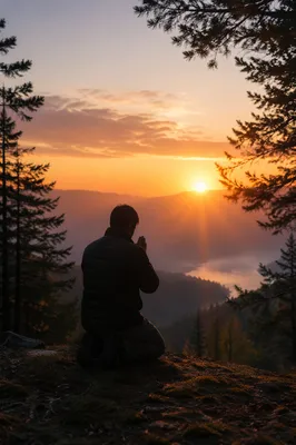 Silhouette Praying Beside Evergreen Sunset Ridge