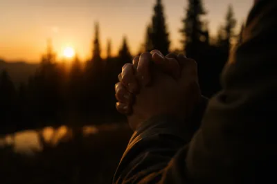 Praying Hands at Evergreen Sunset