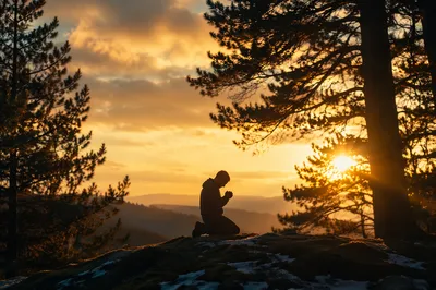 Praying Silhouette on Evergreen Hill at Sunset