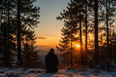 Silhouetted Prayer at Evergreen Sunset